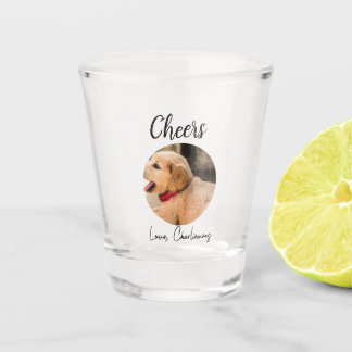 Huwelijkse trouwgunst met foto van de eregast, de shot glas