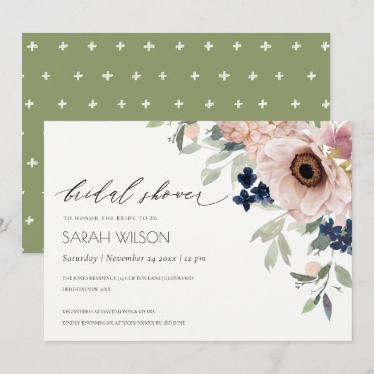 Huwelijkse uitnodiging Blush Navy Anemoon Bloem (Voorkant / Achterkant)