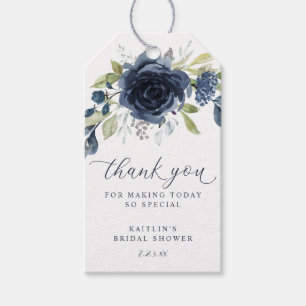 Huwelijksfavoriet met marineblauw bloemenmotief cadeaulabel