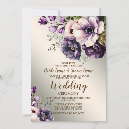 Huwelijksfeest Paarse Roze Bloemen Golden Elegant Kaart (Voorkant)
