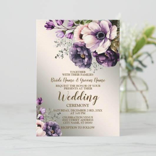 Huwelijksfeest Paarse Roze Bloemen Golden Elegant Kaart (Staand voorkant)