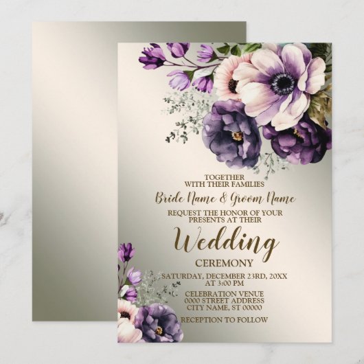 Huwelijksfeest Paarse Roze Bloemen Golden Elegant Kaart (Voorkant / Achterkant)