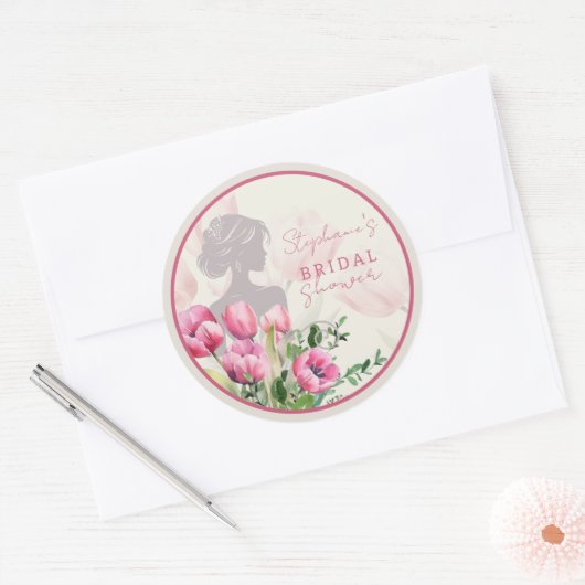 Huwelijksfeest Roze Tulp Ronde Sticker (Envelop)