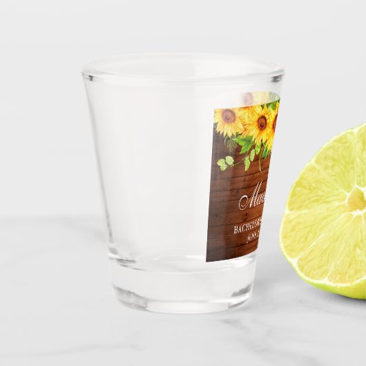Huwelijksfeest Zonnebloemen Bloemstuk Hout Shot Glas (Links)