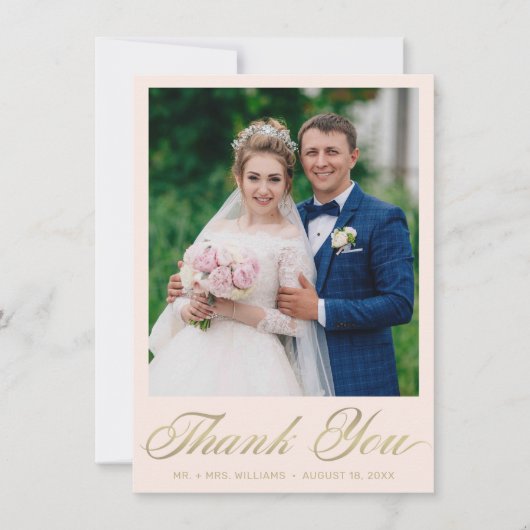 Huwelijksfoto Blush Elegant Gold Script Bedankkaart (Voorkant)
