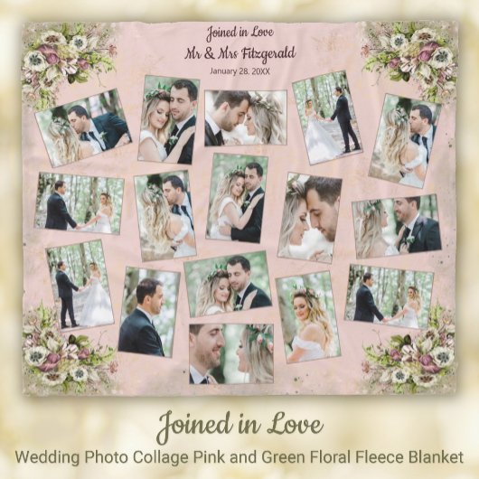 Huwelijksfoto Collage Roze + Groene Bloemen Keepsa Fleece Deken