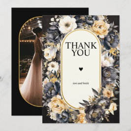 Huwelijksfoto Dank u kaart Zwart Floral