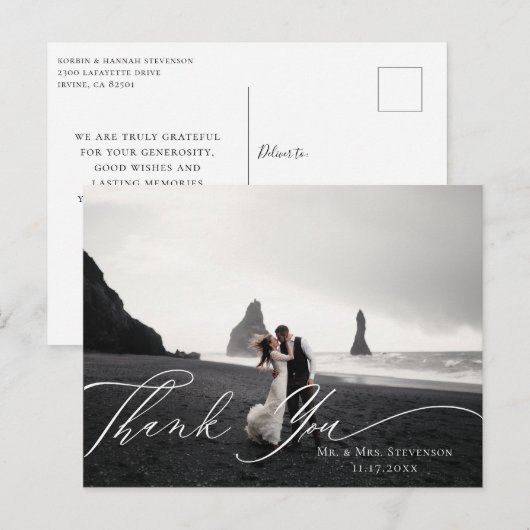 Huwelijksfoto Dankjewel met kalligrafie en herfstg Briefkaart (Voorkant / Achterkant)