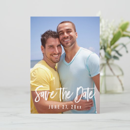 Huwelijksfoto homoseksuelen Save The Date Kaarten (Staand voorkant)