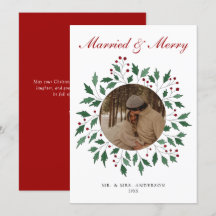 Huwelijksfoto met krans Script Married & Merry