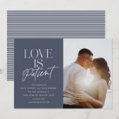 Huwelijksfoto met tekst 'Navy Script Love' - Wijzi Aankondiging (Voorkant / Achterkant)