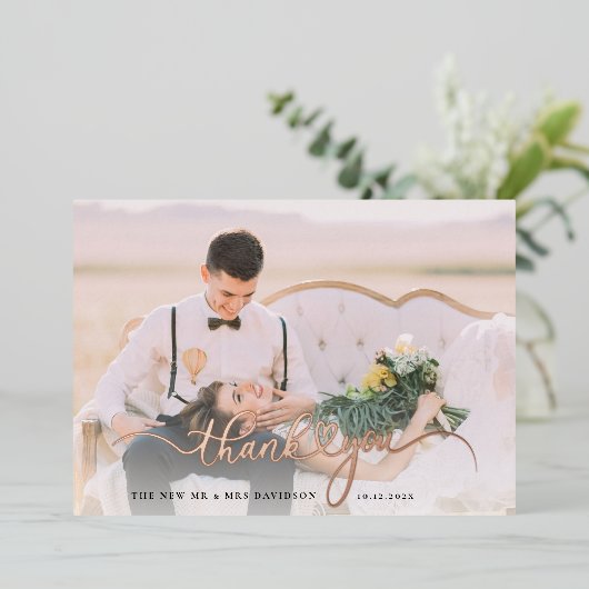 Huwelijksfoto Roos Goudfolie Dank u kaart (Staand Voorkant)