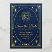 Huwelijksfotobesparing Celestial Blue Tarot Save t Folie Uitnodiging (Voorkant)