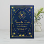 Huwelijksfotobesparing Celestial Blue Tarot Save t Folie Uitnodiging (Staand Voorkant)