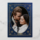 Huwelijksfotobesparing Celestial Blue Tarot Save t Folie Uitnodiging (Achterkant)