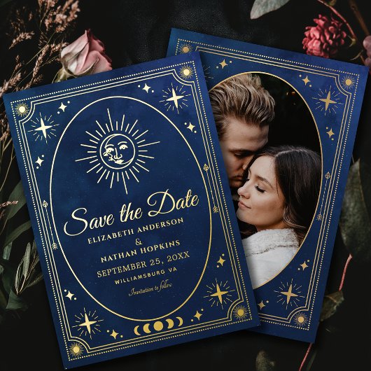 Huwelijksfotobesparing Celestial Blue Tarot Save t Folie Uitnodiging