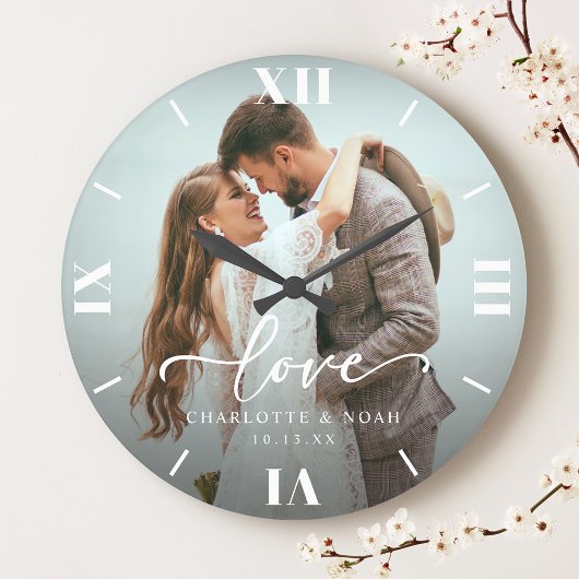 Huwelijksfotoclock met tekst grote klok