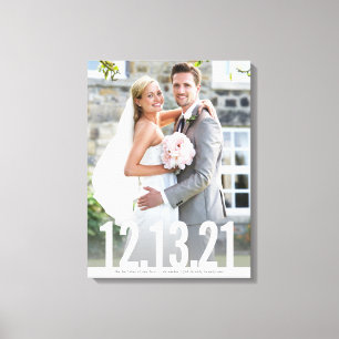 Huwelijksfotodatum geheugen vet wit type overlay canvas afdruk