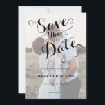 Huwelijksfotografie met nepperkament-effect save the date<br><div class="desc">Moderne en elegante ontwerp afgedrukt in zwart en wit Script kalligrafie nepperkament-effect foto bruiloft Save the Date die kan worden aangepast met uw tekst. Klik op de "Pas het aan" knop en gebruik onze ontwerp tool om deze template aan te passen. Kijk in de Graphic Art Design winkel voor andere...</div>