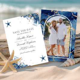 Huwelijksfotografie met zeenavigatie-thema en blau save the date