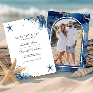 Huwelijksfotografie met zeenavigatie-thema en blau save the date