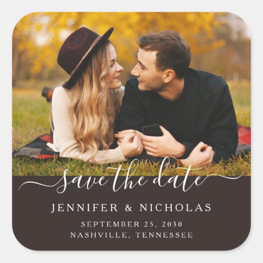 Huwelijksfotografie Save The Date-script Vierkante Sticker (Voorkant)