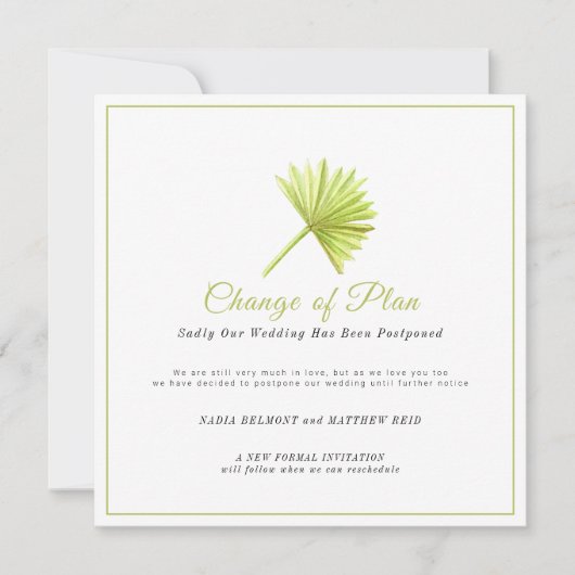 Huwelijksgebeurtenis verandering van plan uitgeste save the date (Voorkant)