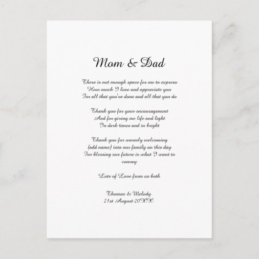 Huwelijksgedicht Ouders Bruid Bruidegom Trouw Beda Briefkaart (Voorkant)