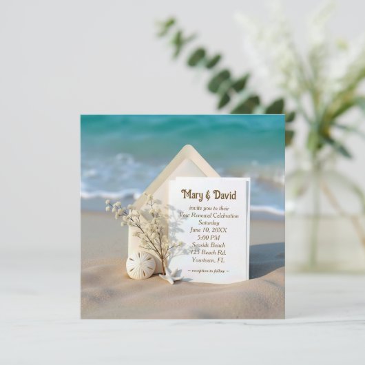 Huwelijksgelofte Vernieuwing In Strandzand Met Zee Save The Date (Staand voorkant)