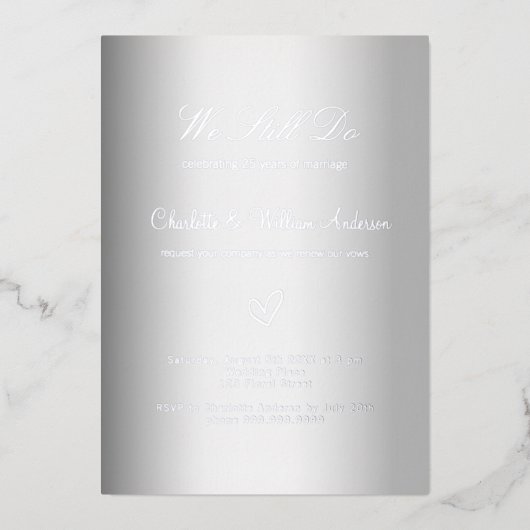 Huwelijksgeloften wit zilver 25e trouwdag folie uitnodiging (Voorkant)