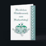 Huwelijksgelukwensen Bloemhart Vogel Duits Kaart<br><div class="desc">Hartelijke felicitatie met jullie trouwdag! Huwelijksgelukwensen met blauwe turquoise bloemhart en vogels voor diegenen die van de natuur houden. In het Duits</div>