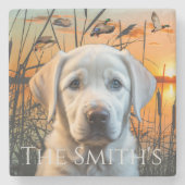  huwelijksgeschenk, witte labrador puppy stenen onderzetter (Voorkant)