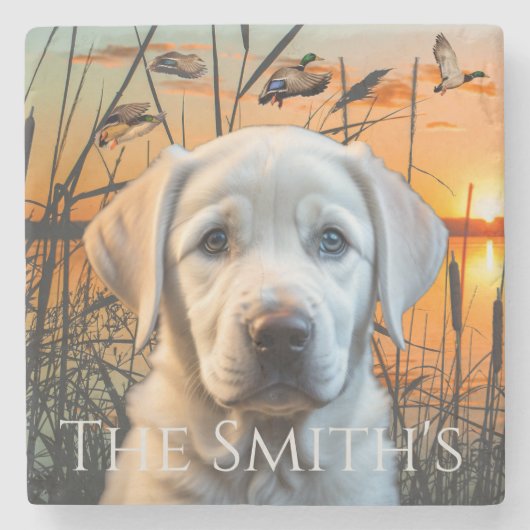  huwelijksgeschenk, witte labrador puppy stenen onderzetter (Voorkant)