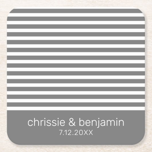 Huwelijksgunst Bruid Bruidegom Datum Strepen Grijs Kartonnen Onderzetters (Voorkant)