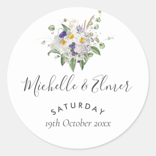 Huwelijksgunst met wilde bloemen en groen ronde sticker (Voorkant)