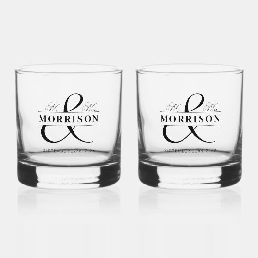 Huwelijksgunst Mr. Mrs. Black White Whisky Glas (Voorkant)