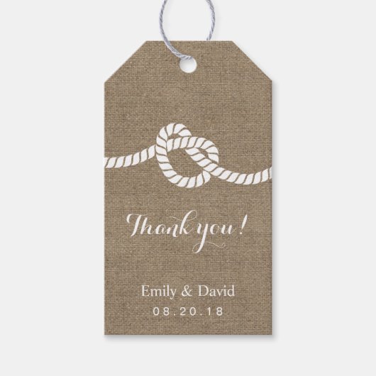 Huwelijksgunst Rustiek Tying the Knot Burlap Cadeaulabel (Voorkant)