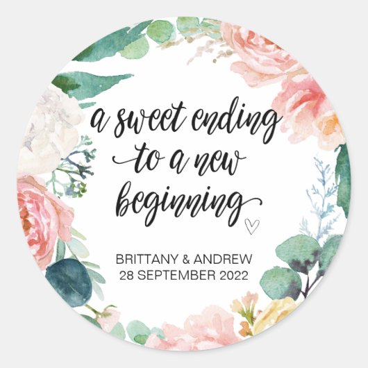 Huwelijksgunst Treat Bag Jam Jar Sweet Beginning C Ronde Sticker (Voorkant)