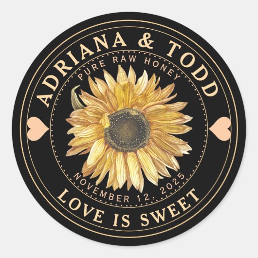 Huwelijksgunst Zonnebloem met Hart Honing Deksel L Ronde Sticker (Voorkant)