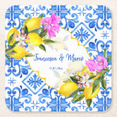 Huwelijksgunsten geschenk Blauwe tegels citroen Bo Kartonnen Onderzetters (Voorkant)