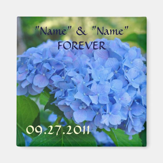 Huwelijksgunsten magneten Blauwe Hydrangea Bloemen (Voorkant)