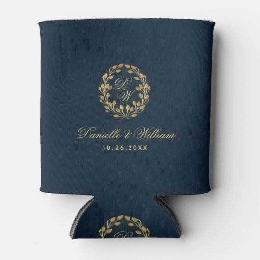Huwelijksgunsten Navy Blue Monogram in Gouden Kran Blikjeskoeler (Voorkant)