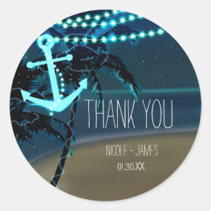 Huwelijksgunststickers met strandanker en palmbome ronde sticker