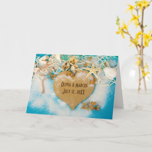 Huwelijkshart met schelpen en zeesterren kaart (Gele Bloem)