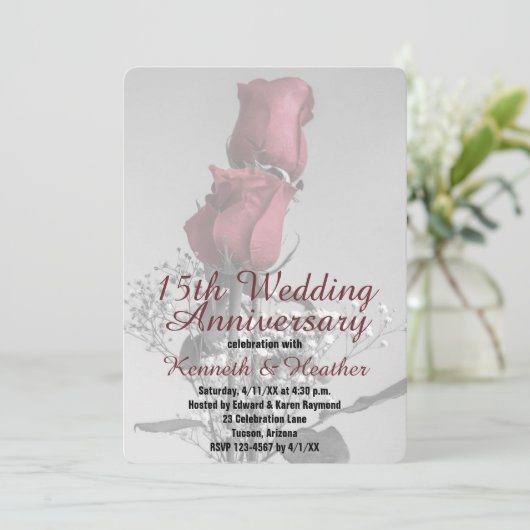 Huwelijksjubileum 15 jaar Twee Rode Rozen Foto Kaart (Staand voorkant)