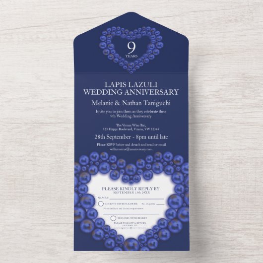 Huwelijksjubileum 9 jaar feest blauw all in one uitnodiging (Binnen)