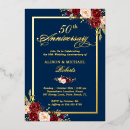 Huwelijksjubileum Burgundy Bloemmotief Echt Goud Folie Uitnodiging