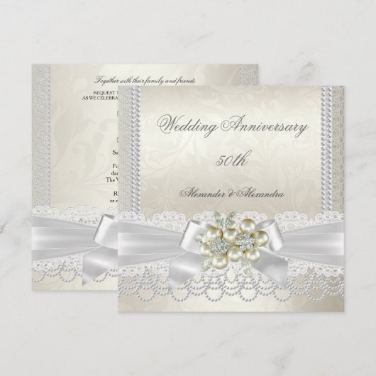 Huwelijksjubileum Crème Witte Parel Kant Diamant Kaart (Voorkant / Achterkant)