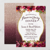 Huwelijksjubileum Diner Burgundy Bloemen Kaart (Voorkant / Achterkant)