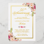 Huwelijksjubileum Elegante Roze Bloemen Echte Goud Folie Uitnodiging (Voorkant)